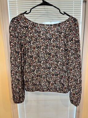LOFT Black Floral Long-Sleeve Blouse